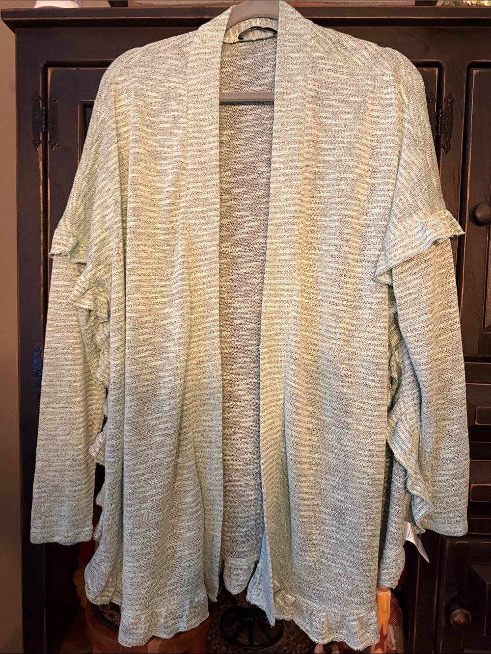 Doe & Rae Light Mint Open-Front Ruffle-Sleeve Cardigan